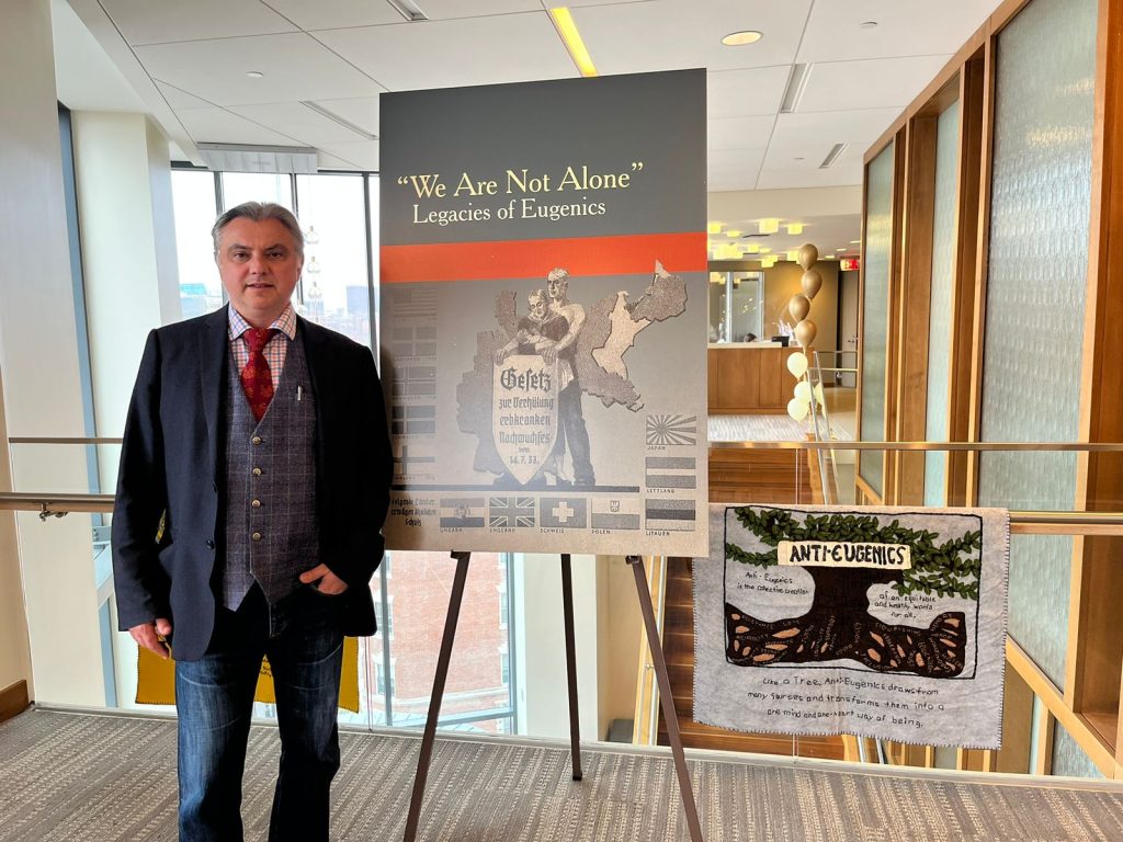 Marius Turda and panels from the 'We are not Alone' exhibition at Harvard University's FXB Center for Health and Human Rights