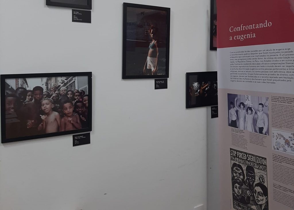 Interior of exhibition - wall with poster and information panel displays